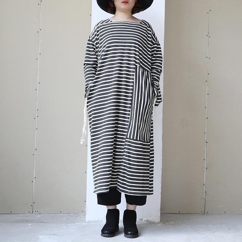 Long Sleeve Lacing Stripe Splitting Dress For Women - Omychic