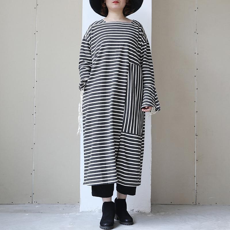 Long Sleeve Lacing Stripe Splitting Dress For Women - Omychic