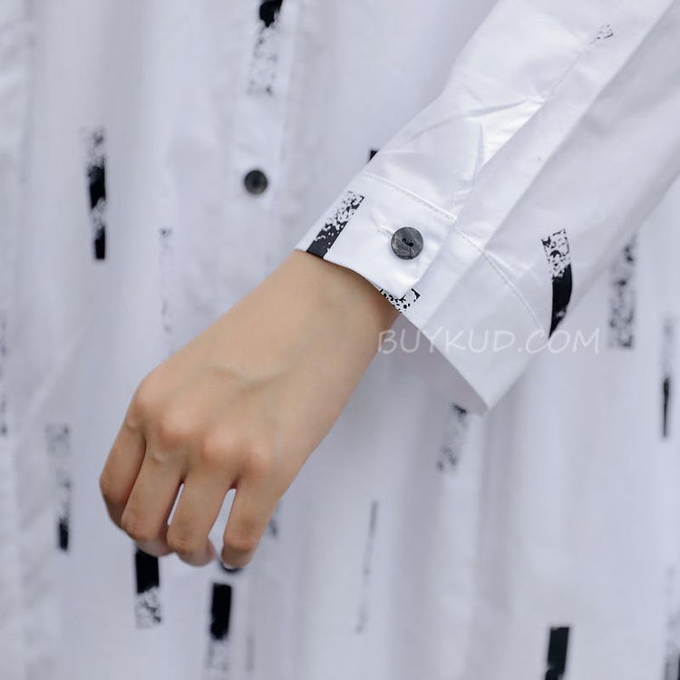 Long Sleeve Printed Polo Collar White Women Dress - Omychic