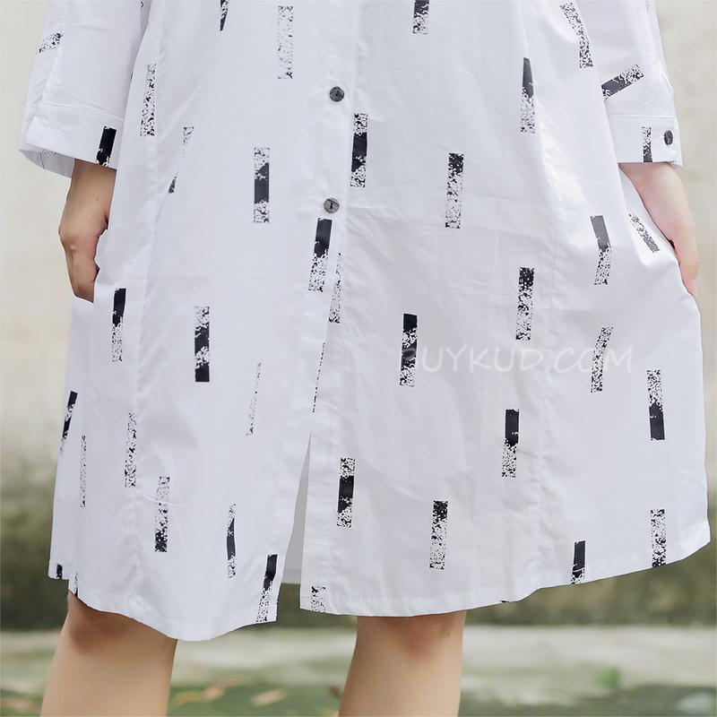 Long Sleeve Printed Polo Collar White Women Dress - Omychic