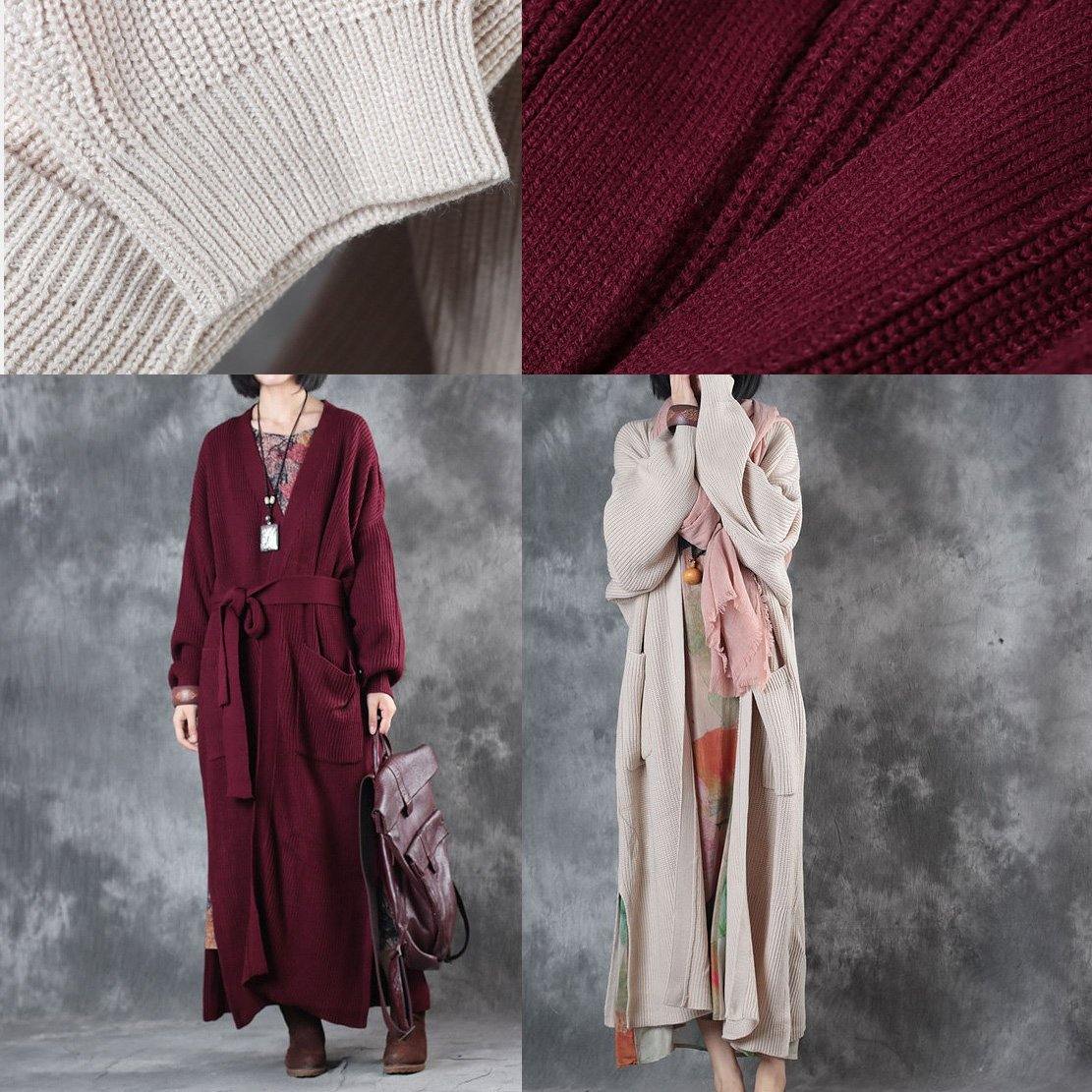 Long casual sweater cardigans plus size pockets tie waist knit trench coat - Omychic