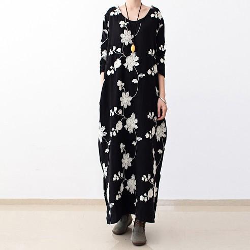 Long sleeve black floral dresses  fall oversized cotton dresses linen caftans - Omychic