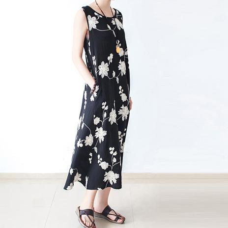 Long sleeve black floral dresses  fall oversized cotton dresses linen caftans - Omychic