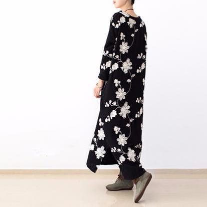 Long sleeve black floral dresses  fall oversized cotton dresses linen caftans - Omychic