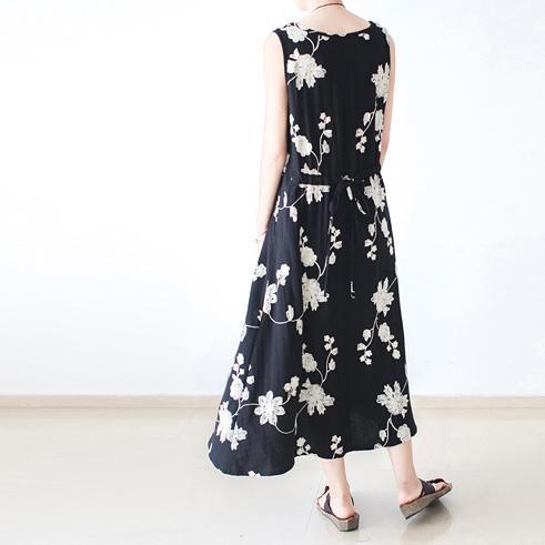Long sleeve black floral dresses  fall oversized cotton dresses linen caftans - Omychic