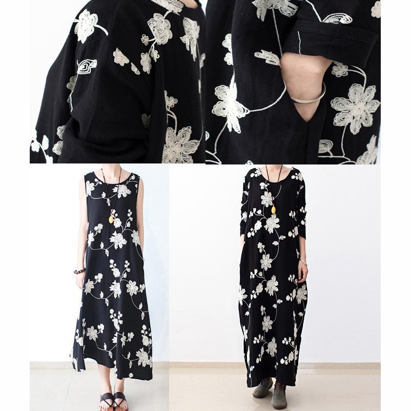 Long sleeve black floral dresses  fall oversized cotton dresses linen caftans - Omychic