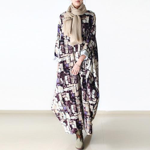 Long sleeve print linen maxi dresses winter dresses oversize - Omychic