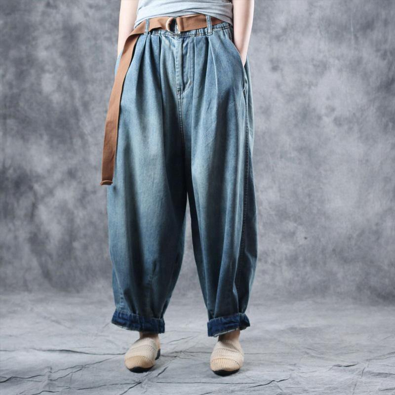 Loose 2021 denim blue cotton leisure travel harem pants women's autumn new style - Omychic