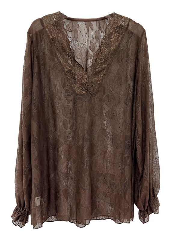 Loose And Versatile Slim V Neck Long Sleeved Coffee Lace Top