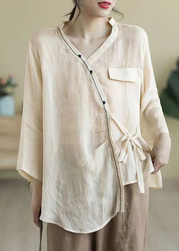 Loose Apricot Asymmetrical Lace Up Patchwork Linen Shirt Fall