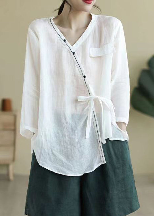 Loose Apricot Asymmetrical Lace Up Patchwork Linen Shirt Fall