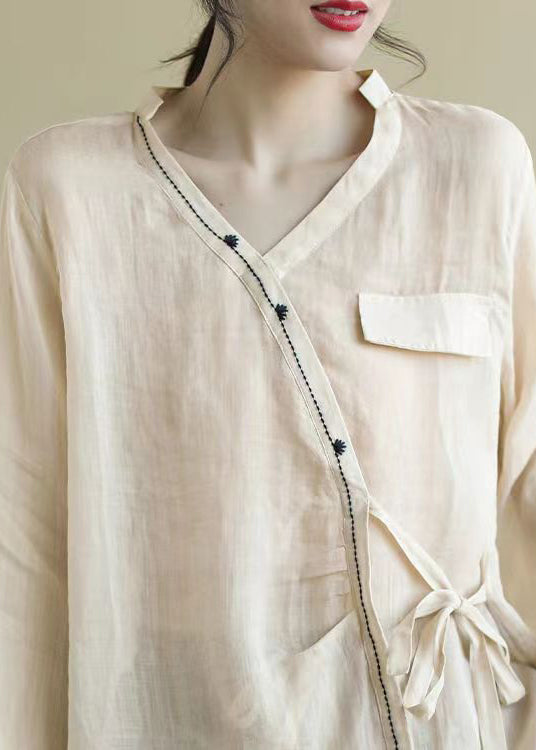 Loose Apricot Asymmetrical Lace Up Patchwork Linen Shirt Fall