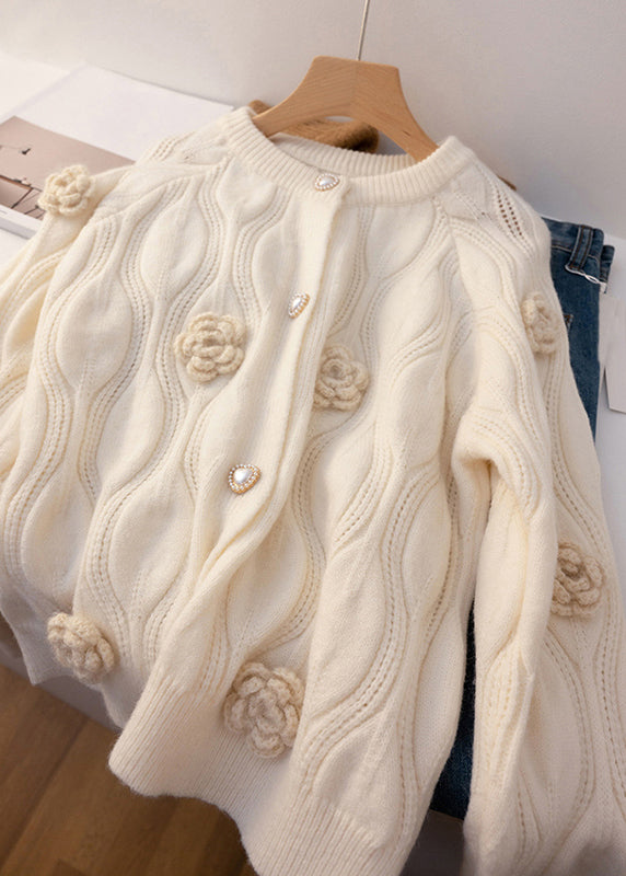 Loose Apricot Button Floral Patchwork Cotton Knit Coats Long Sleeve