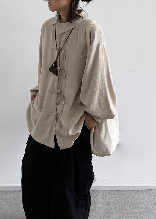 Loose Apricot Chinese Button Patchwork Cotton Shirts Summer