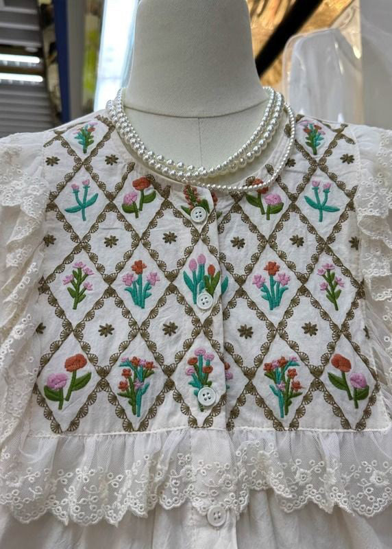 Loose Apricot Embroidered Button Patchwork Cotton Shirts Summer