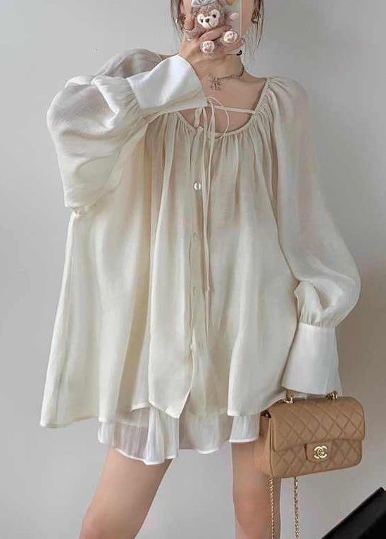 Loose Apricot Lace Up Button Cotton Shirt Long Sleeve