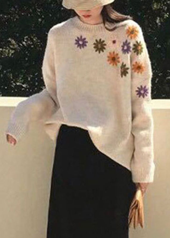 Loose Apricot O-Neck Embroideried Cozy Thick Knit Sweaters Fall
