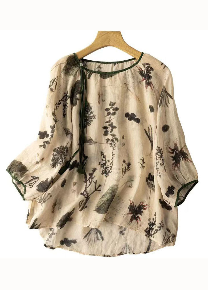 Loose Apricot O Neck Print Patchwork Cotton Shirt Tops Summer