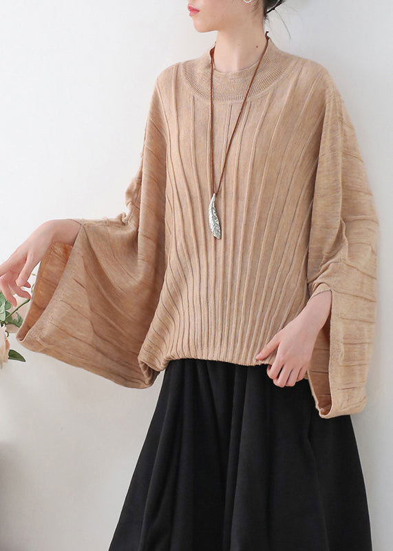 Loose Apricot O-Neck Woolen Knit Sweater Batwing Sleeve