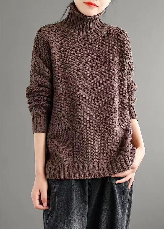 Loose Apricot Turtleneck Patchwork Knitted Cotton Sweaters Fall