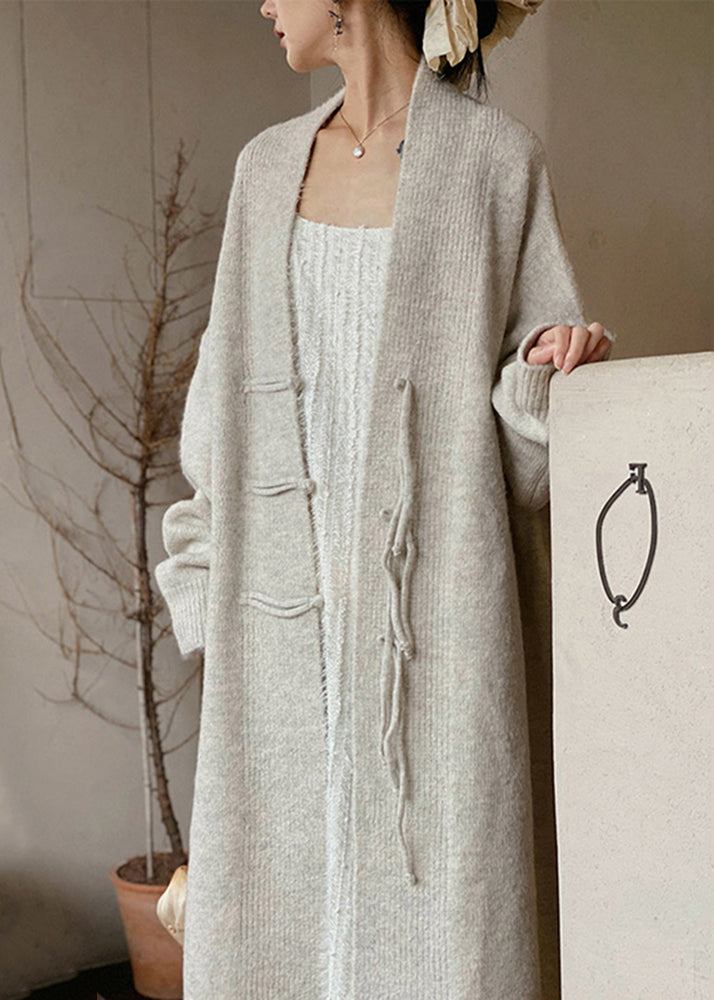 Loose Apricot V Neck Button Patchwork Knit Long Coat Fall