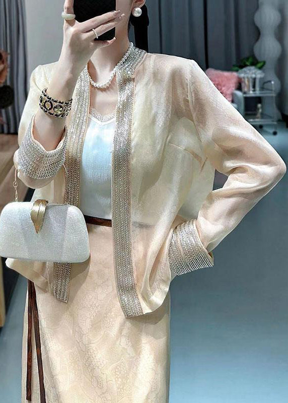 Loose Apricot V Neck Nail Bead Patchwork Silk Cardigan Fall