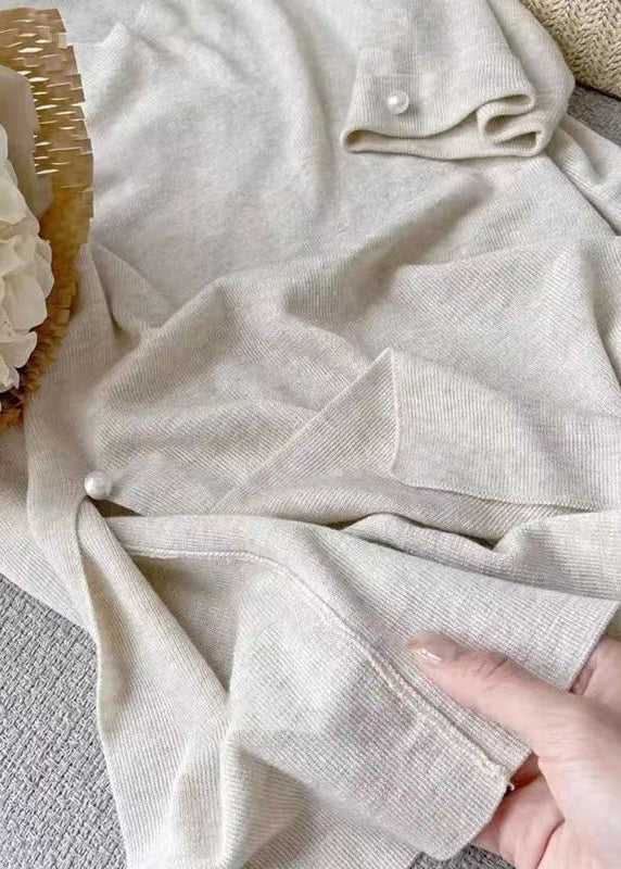 Loose Apricot V Neck Side Open Patchwork Cotton Knit Top Half Sleeve