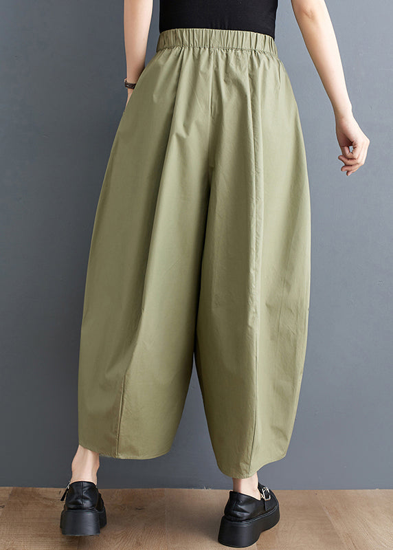Loose Army Green Pockets Elastic Waist Cotton Crop Pants Fall