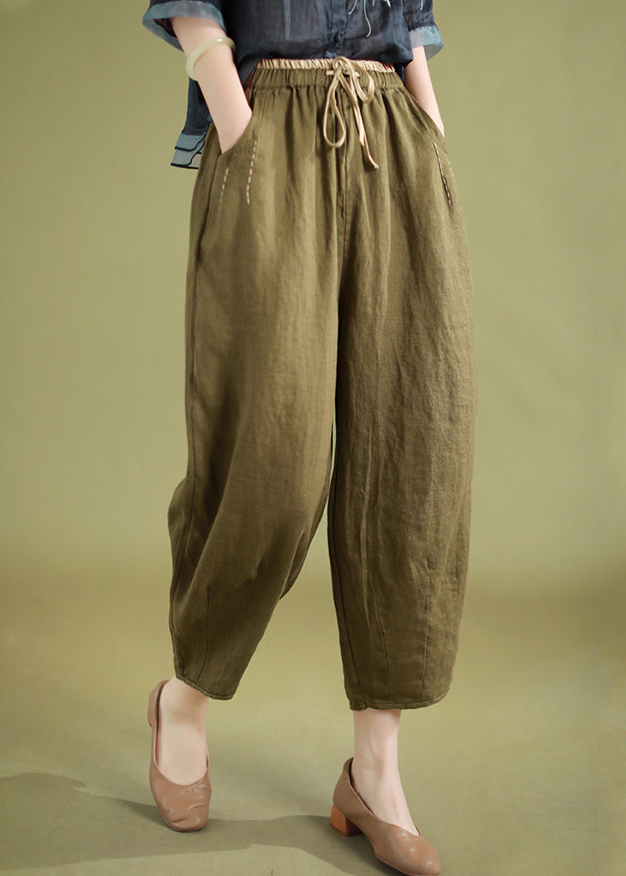 Loose Army Green Pockets High Waist Linen Crop Pants Summer