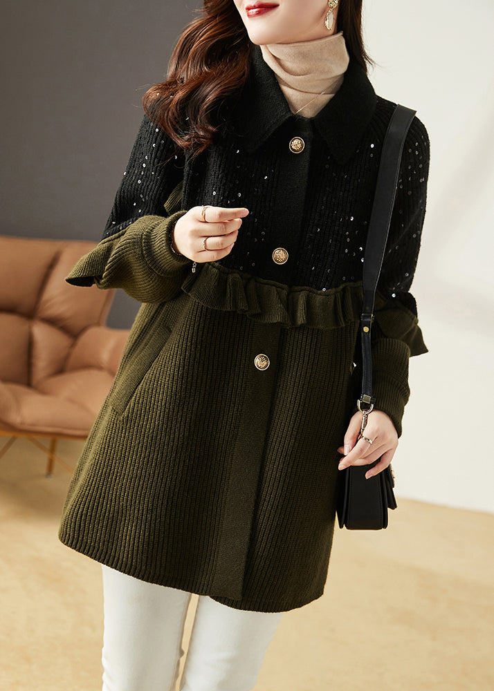 Loose Army Green Ruffled Sequins Patchwork Knit Coats Fall