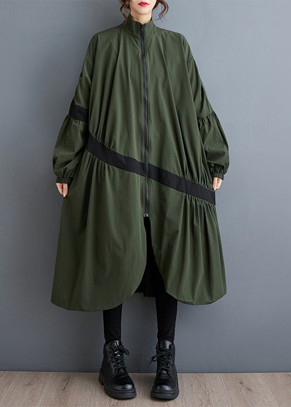 Loose Army Green Zip Up Wrinkled Pockets Patchwork Trench Fall