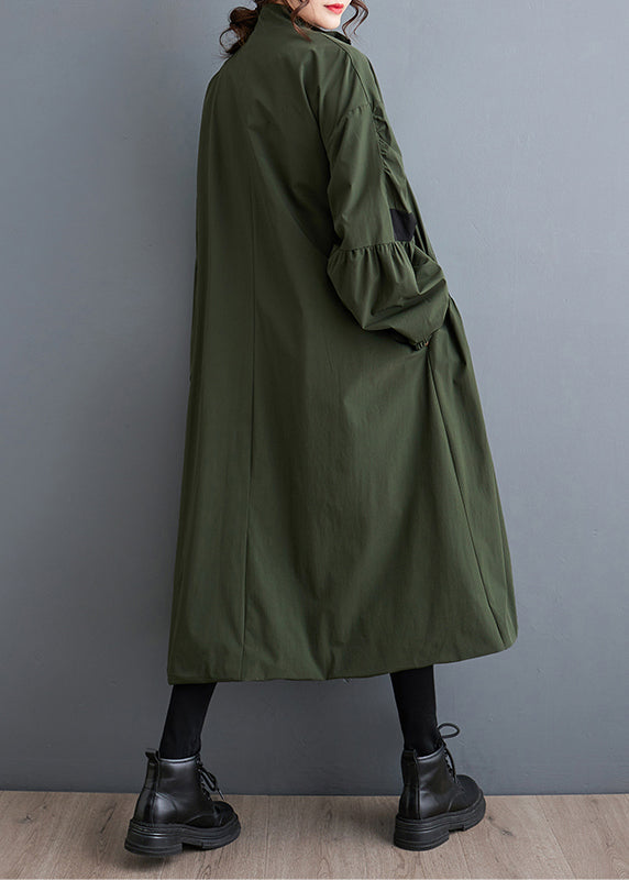 Loose Army Green Zip Up Wrinkled Pockets Patchwork Trench Fall