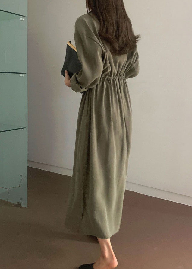 Loose Army Green side open Cinched Cotton Maxi Dresses Spring