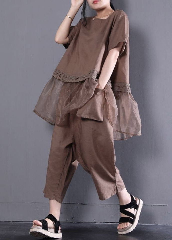 Loose Baggy Coffee O-Neck Top And Crop Pants Two Pieces Set Summer