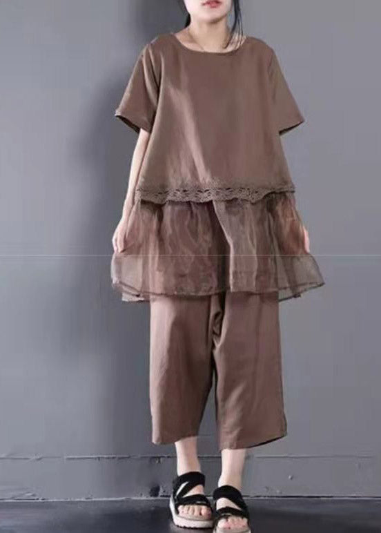 Loose Baggy Coffee O-Neck Top And Crop Pants Two Pieces Set Summer