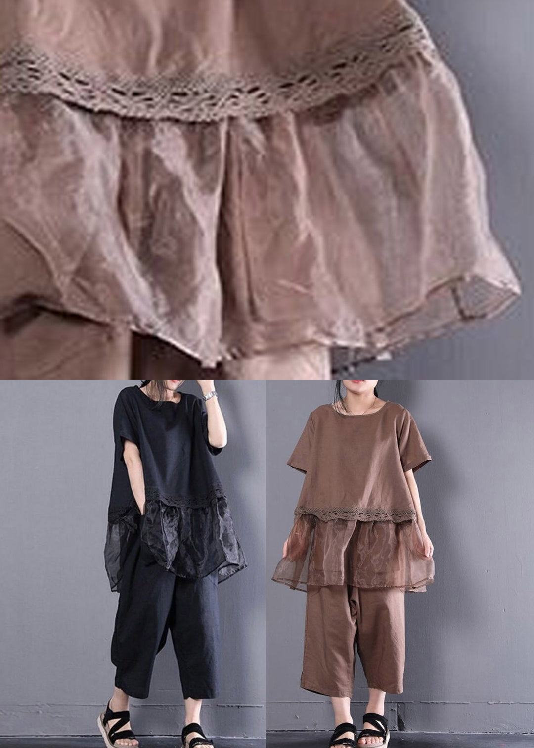 Loose Baggy Coffee O-Neck Top And Crop Pants Two Pieces Set Summer