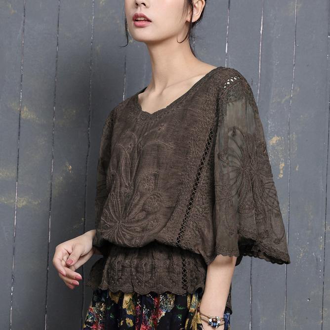Loose Batwing Sleeve cotton Blouse Tunic Tops chocolate hollow out shirts summer - Omychic