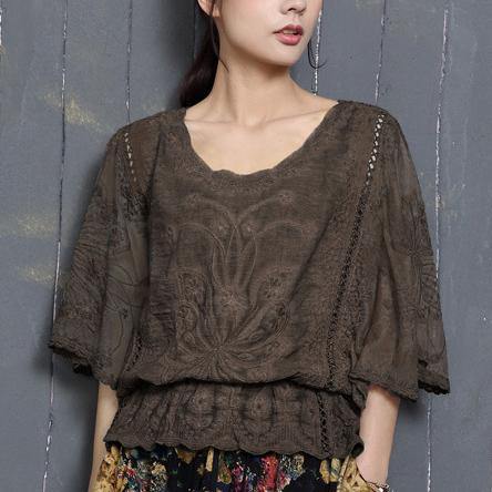 Loose Batwing Sleeve cotton Blouse Tunic Tops chocolate hollow out shirts summer - Omychic
