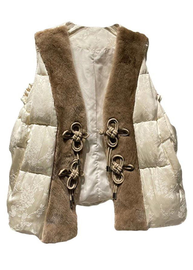 Loose Beige Button Mink Hair Patchwork Duck Down Waistcoat Sleeveless