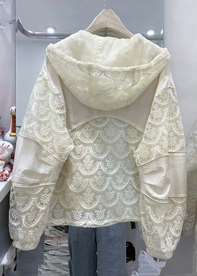 Loose Beige Hooded Zippered Patchwork Lace Coats Long Sleeve