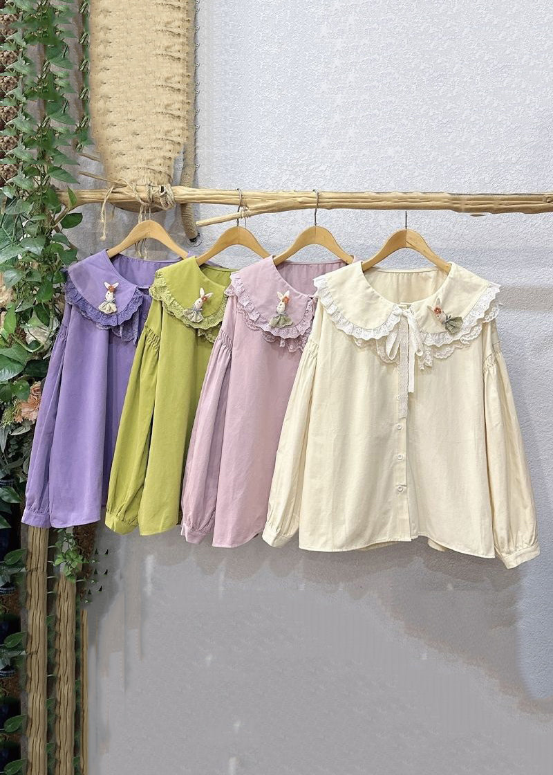 Loose Beige Lace Up Button Patchwork Cotton Shirt Spring