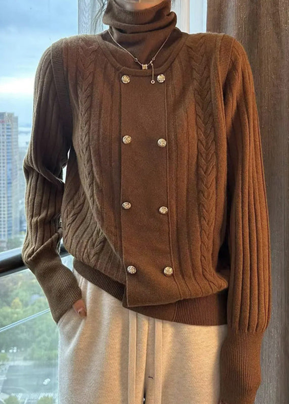 Loose Beige Turtleneck Patchwork False Two Pieces Cotton Cable Knit Top Fall