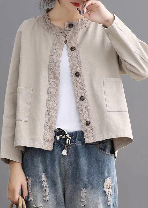 Loose Beige retro Denim Pockets Casual Coats Fall - Omychic