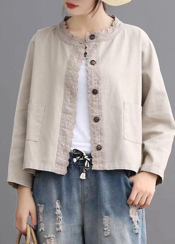 Loose Beige retro Denim Pockets Casual Coats Fall - Omychic