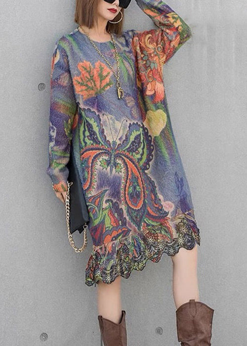 Loose Belle Print Patchwork Mink Velvet Knit Dresses Spring