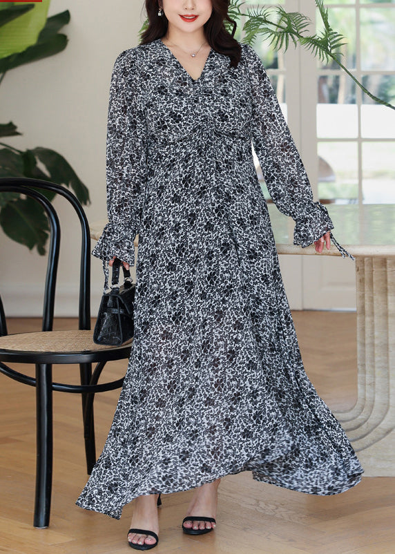 Loose Black Asymmetrical Print Chiffon Long Dresses Flare Sleeve