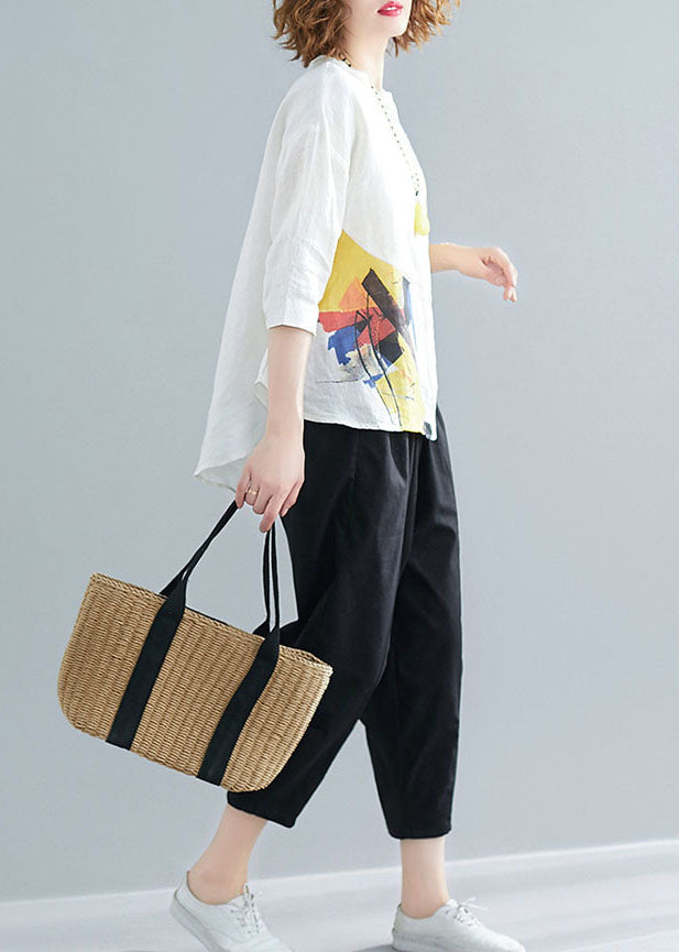 Loose Black Asymmetrical Tops And Pants Cotton Two Pieces Set Summer