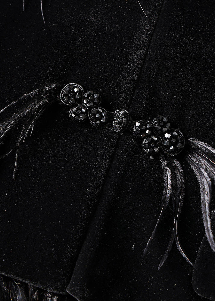 Loose Black Button Tasseled Detachable Patchwork Velour Coats Long Sleeve