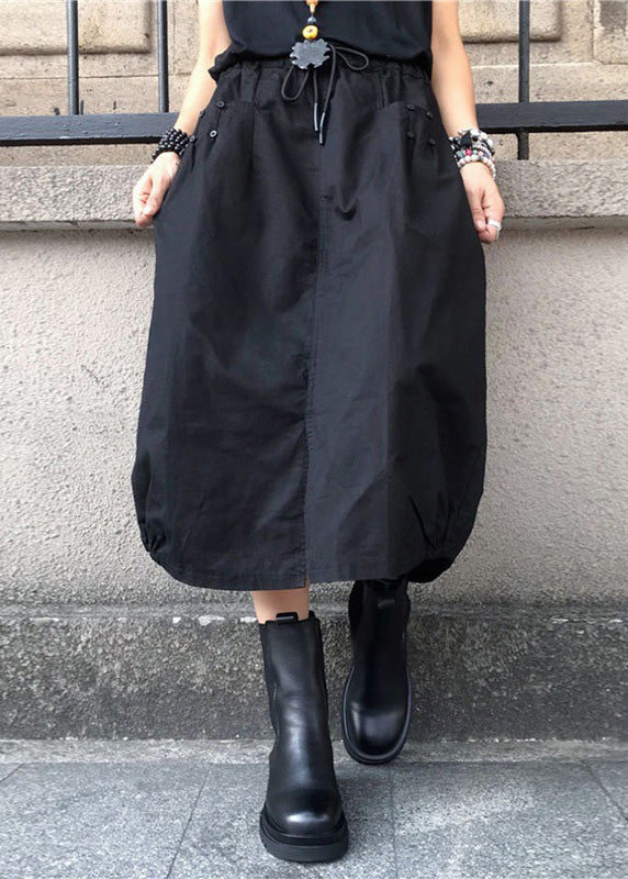 Loose Black Drawstring Patchwork Elastic Waist Lantern Skirts