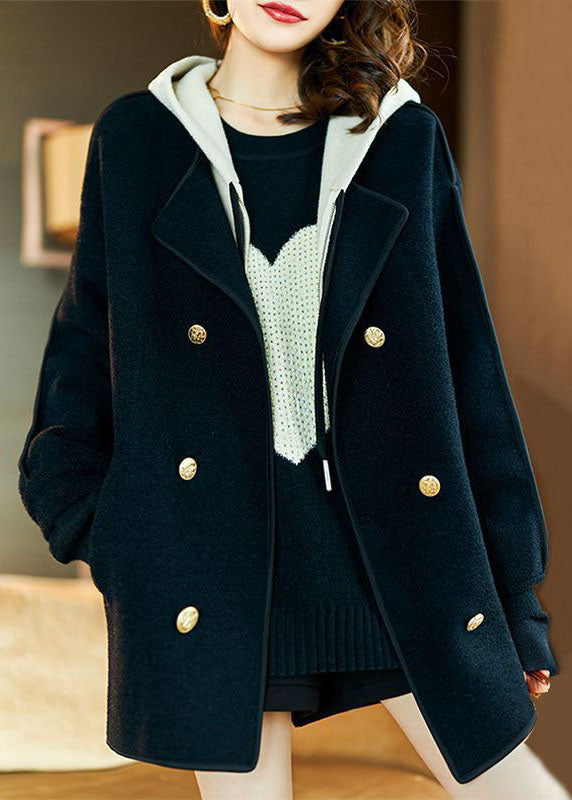 Loose Black Drawstring Patchwork Pockets Woolen Hooded Coats Long Sleeve